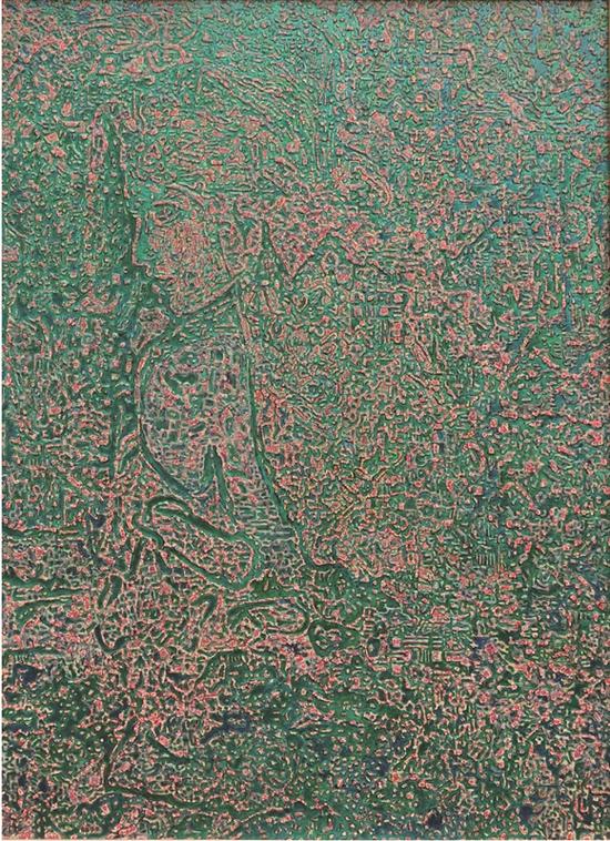 《凝视》唐影,2006年,木板漆画,聚氨酯、灰料、蛋壳,90X120cm